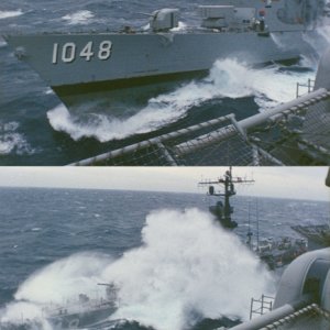 USS Sample FF1048 Conducts RAS With USS KittyHawk