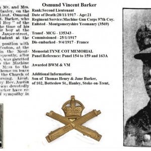 Osmund Vincent Barker Machine Gun Corps WW1