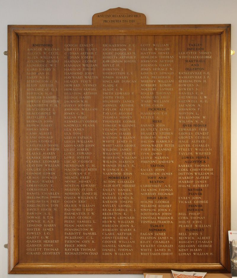 Knutsford War Memorial WW1 Wooden Panel