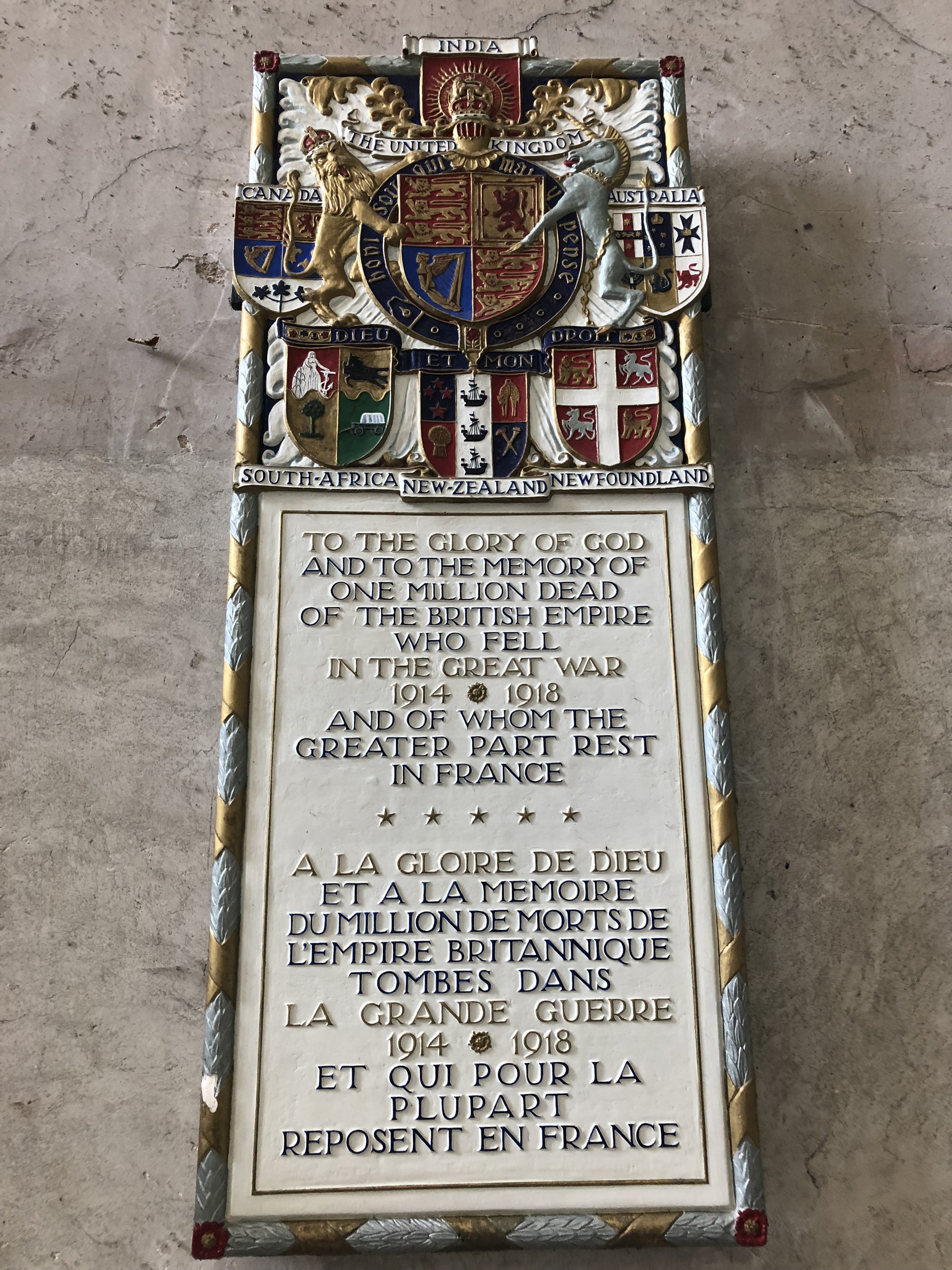 WW1 plaque inside the Cathedral of Beauvais
