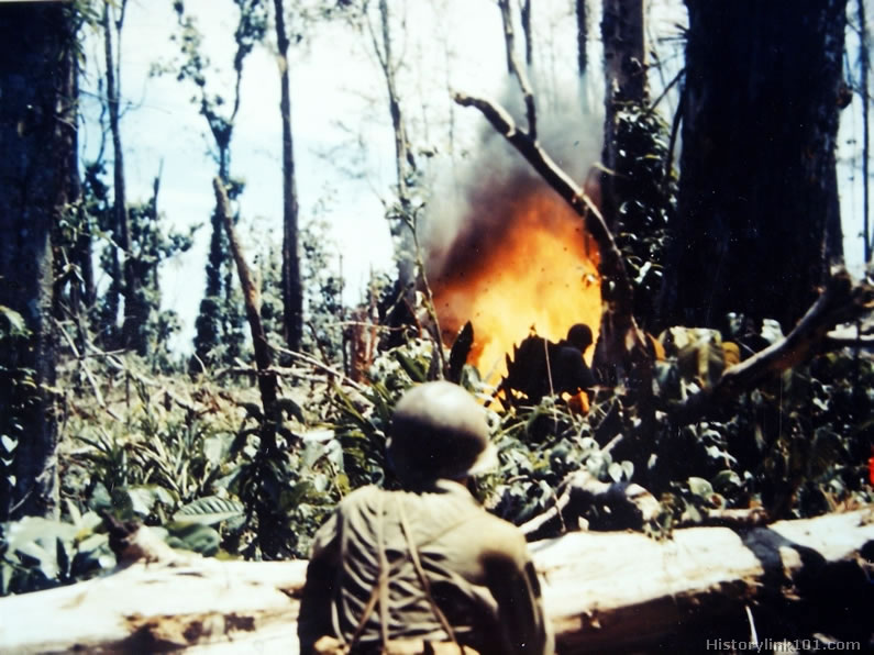 An American soldier with a flamethrower against a Japanese position in Bouganville.jpg