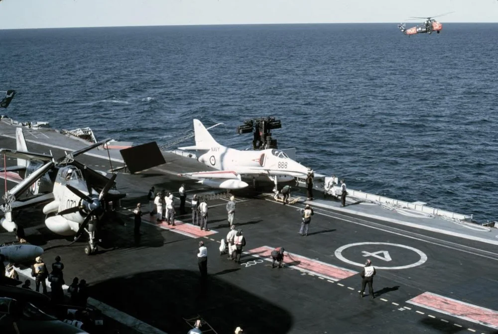 Australian Navy A-4G (888) on HMS Eagle during cross-deck (1971).webp