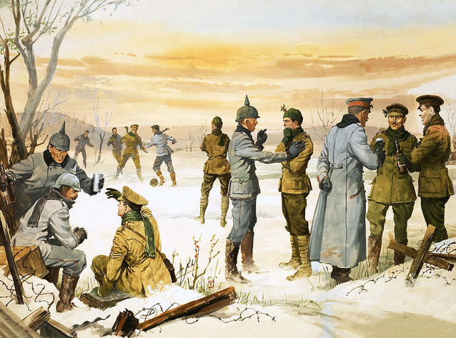 British and German soldiers hold a Christmas truce during the Great War .png