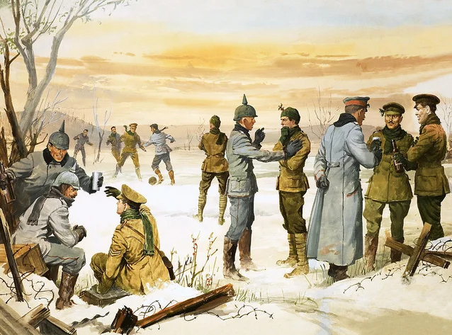 British and German soldiers hold a Christmas truce during the Great War .webp