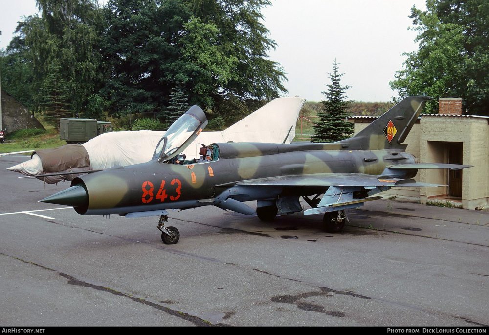 GDR MiG-21PF (843 red) at Neubrandenburg (July 1990).jpg