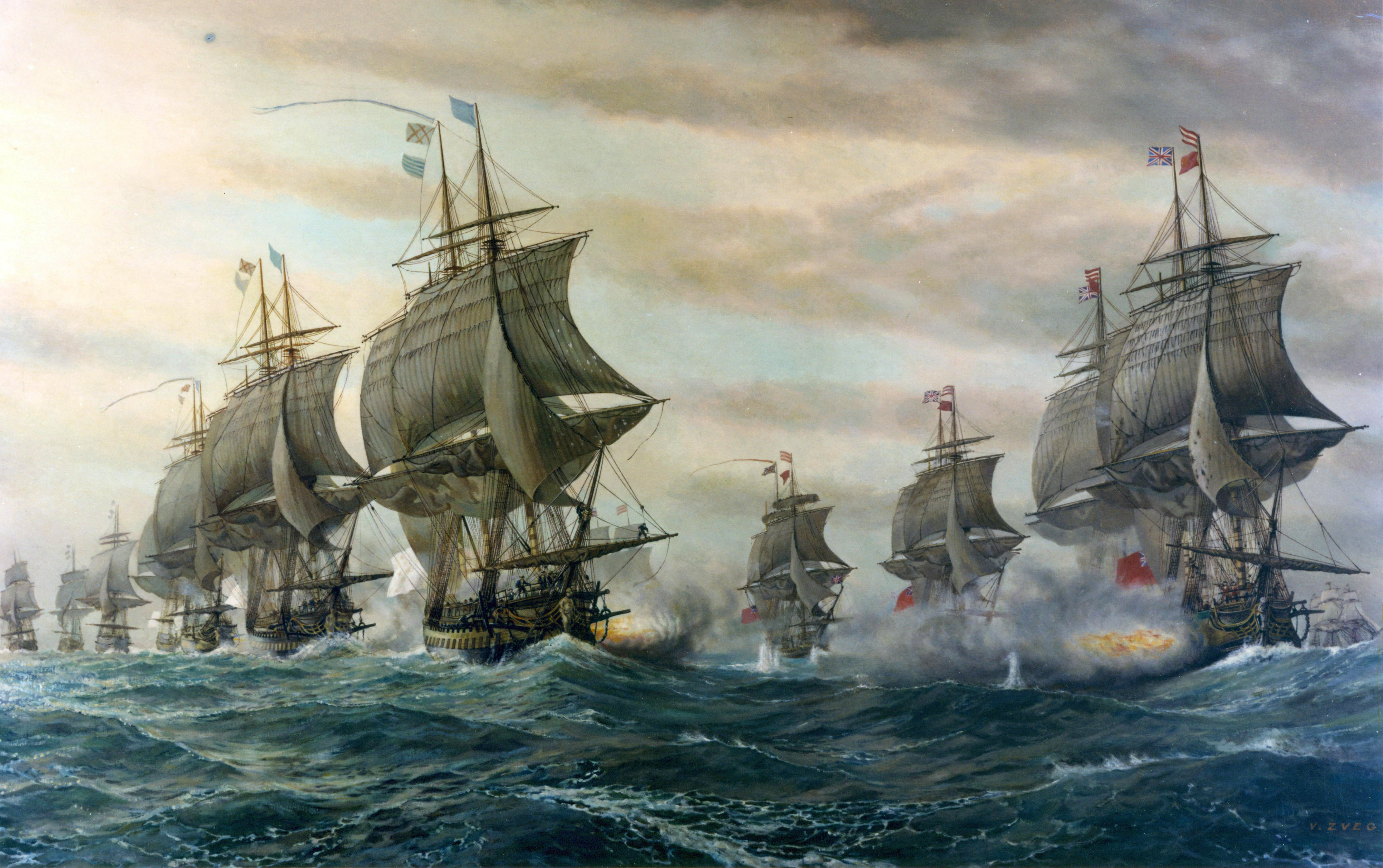 Naval Battle between French and British at Chesapeake Bay. American Revolution. by V. Zveg.jpg