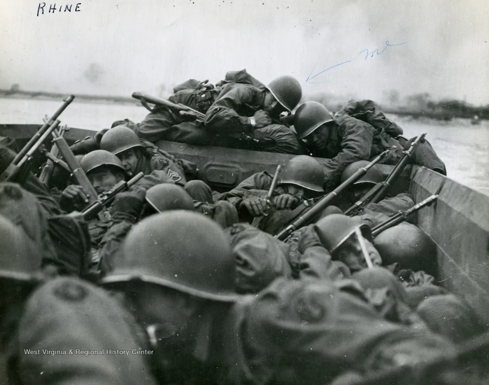 Rifle Grenade launcher mounted on M1 of soldier crossing the Rhine  Troops of the Third US Ar...webp