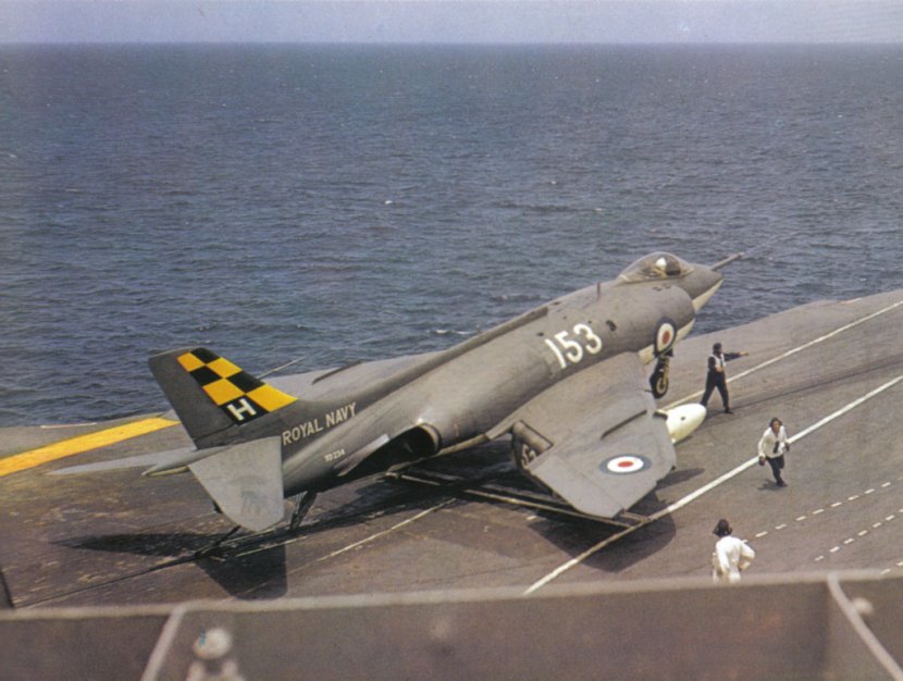 Royal Navy Scimitar F.1 (153) of 803 NAS on HMS Hermes (early 1960s).jpg