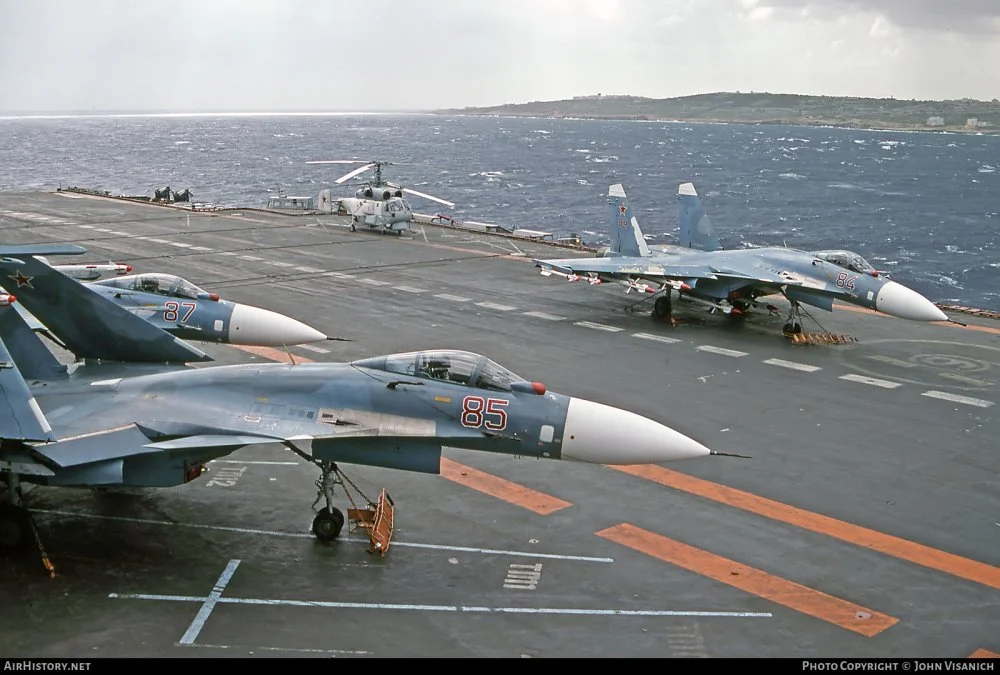 Russian Navy Su-33 (85, 87 & 84 red) on Admiral Kuznetsov at Valletta - Grand Harbour (18 Febr...jpg