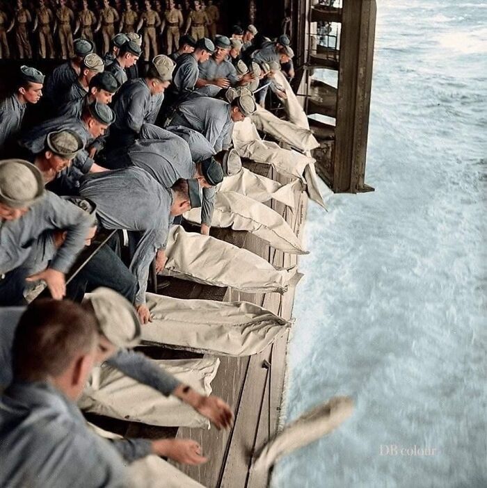 This is a mass burial at sea, on the USS Intrepid in 1944 following a kamikaze attack. I've ne...jpg