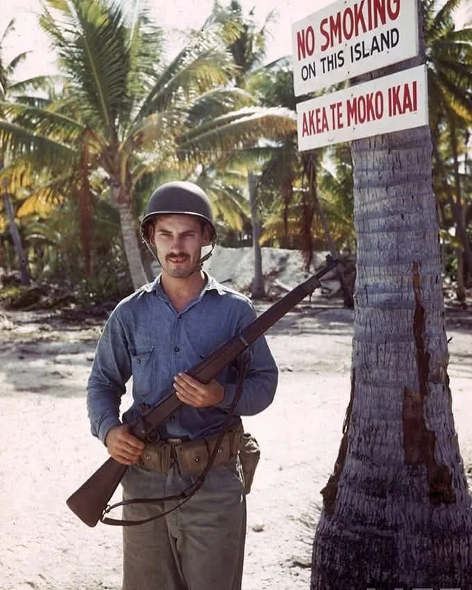 US Navy Seabee (Construction Battalion) wields a M1903A3 bolt-action rifle while on guard dut...webp