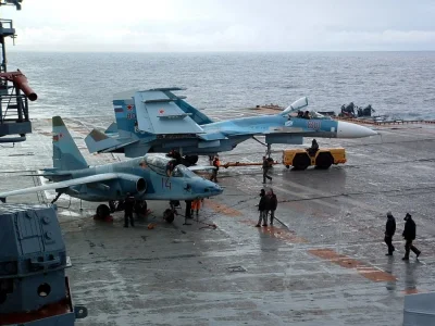 Russian Navy Su-25UTG (14 red) & Su-33 (80 red) on Admiral Kuznetsov.jpg