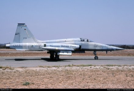 Botswana CF-5A (OJ5, 1027 ex-RCAF 116727) of Z28 Sqn at Maparangwane AB (7 October 2002).jpg