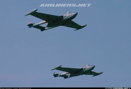 Swiss Venom FB.50 (J-1523, 733 & J-1601) over Dubendorf for their last display (26 August 1983).jpg