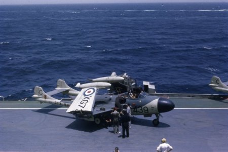 Royal Navy Sea Venom probably on HMS Centaur in the Gulf of Aden (1959).jpg