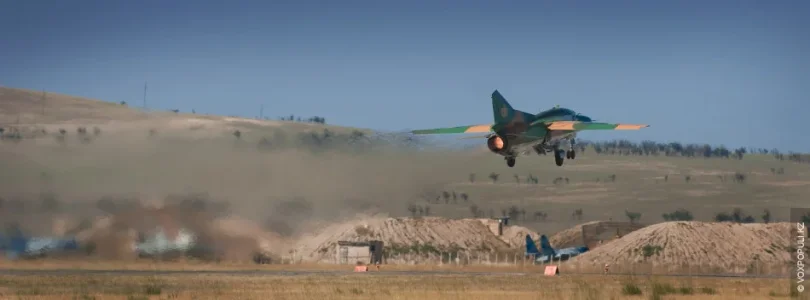 Kazakhstan MiG-23UB (62 yellow) taking-off from Zhetygen AB (2).webp