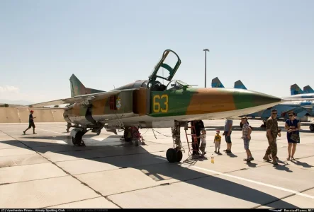 Kazakhstan MiG-23UB (63 yellow) at Taldykorgan (20 August 2016).webp