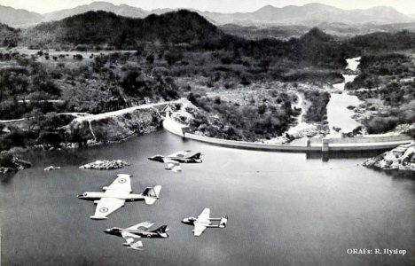 Rhodesian Canberra, Hunter FGA.76 & Vampire T.11 over Bangala Dam (1963).jpg