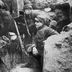 French soldiers in Alsace using trench periscope