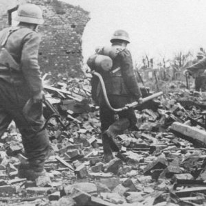 A group of German engineers in the ruins east of Aachen