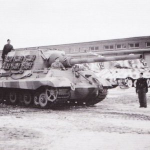 A repaired Jagdtiger moves out of a maintenace facility