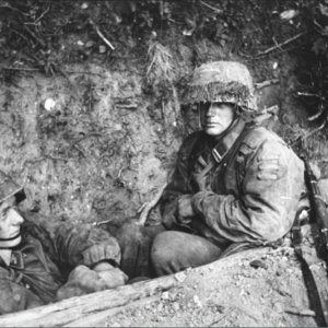 Battle weary Waffen-SS soldiers dug into a hedge in Normandy