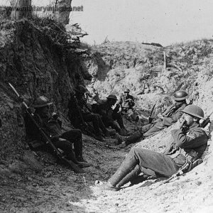 Troops resting in the trenches