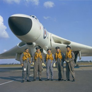 RAF Avro Vulcan B.2 on tarmac with crew