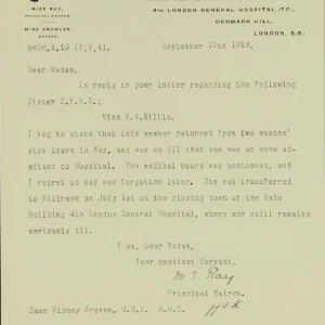 Transferrer to Sister's Hospital, Millbank London.