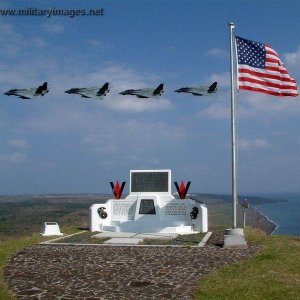 F-14's overfly the monument atop Mt. Suribachi