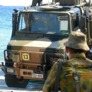 Australian Army Unimog truck is unloaded