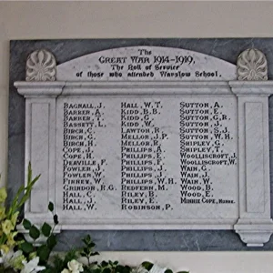 Warslow Staffordshire  School Roll of Honour WW1