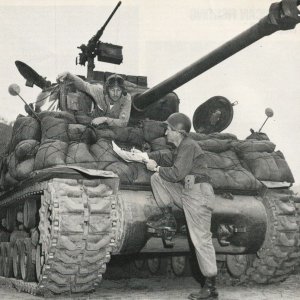 Sherman tank with sandbags