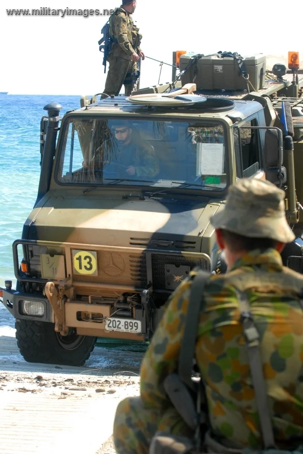 Australian Army Unimog truck is unloaded