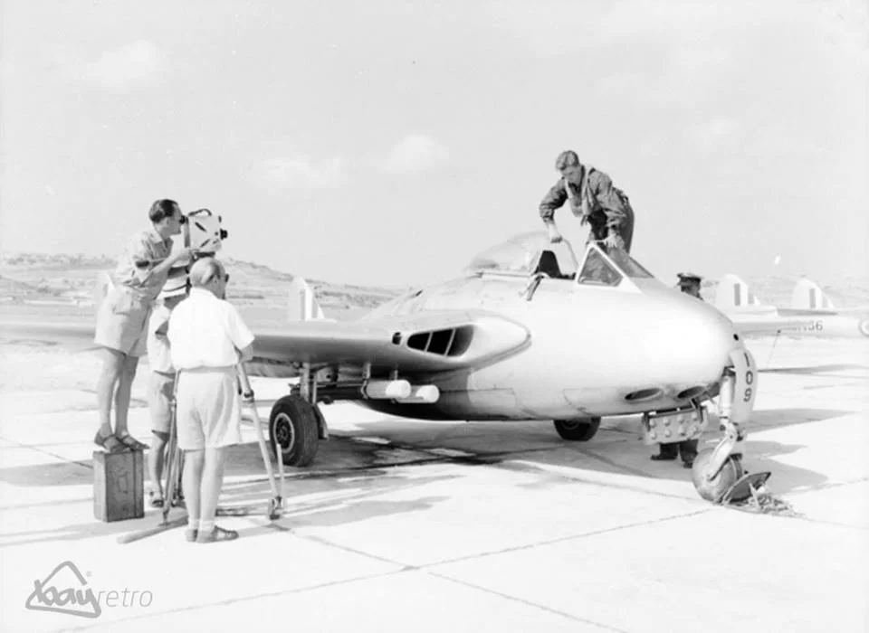 Flying Officer Jake with his Vampire Jet