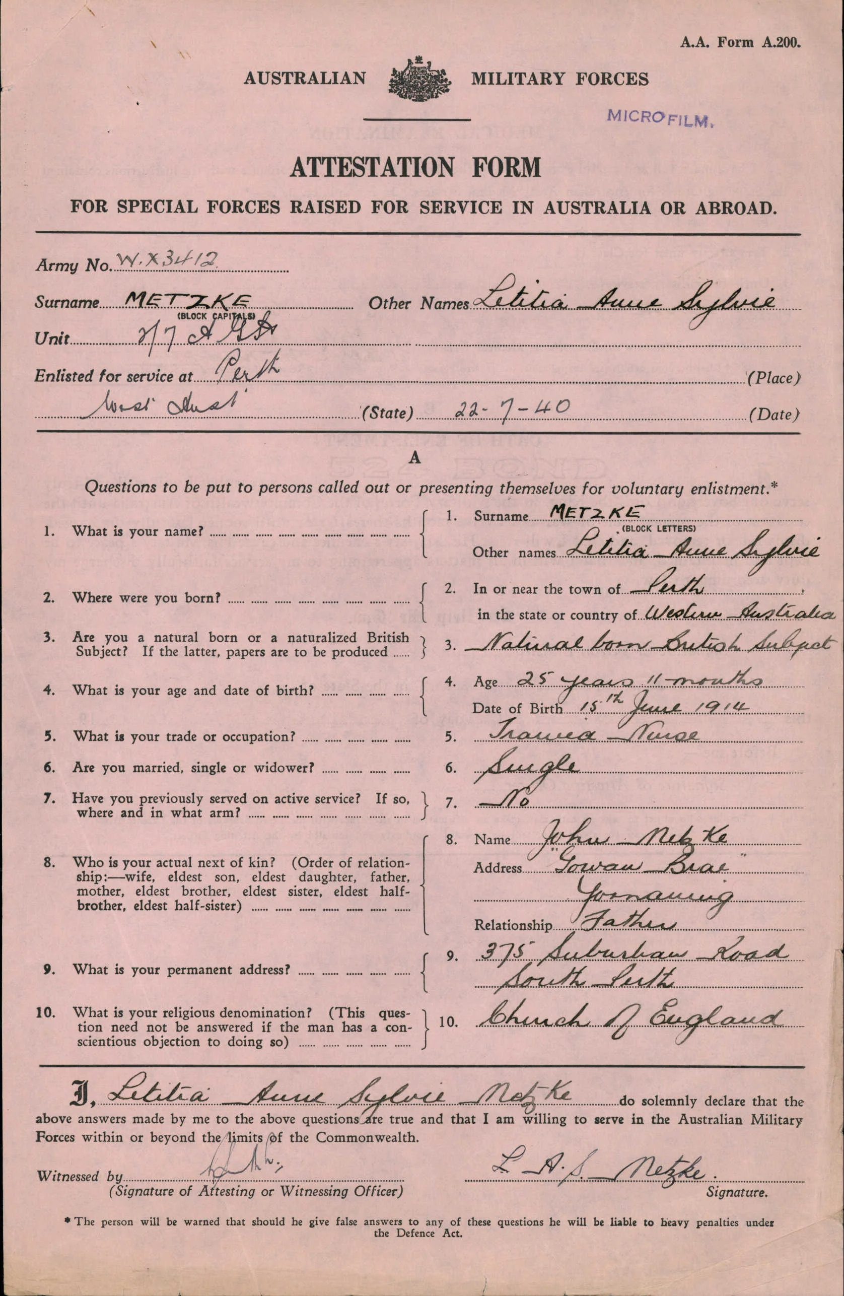 Letitia Ann Sylvie Leach Nee Metzke Attest Sheet