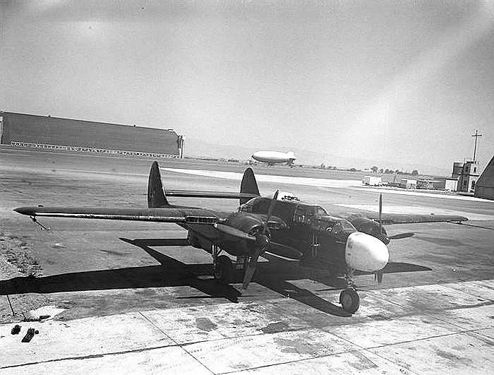 P-61 Black Widow night fighter undergoing NACA testing at the NACA facility in NAS Moffet Field in California in 1948.