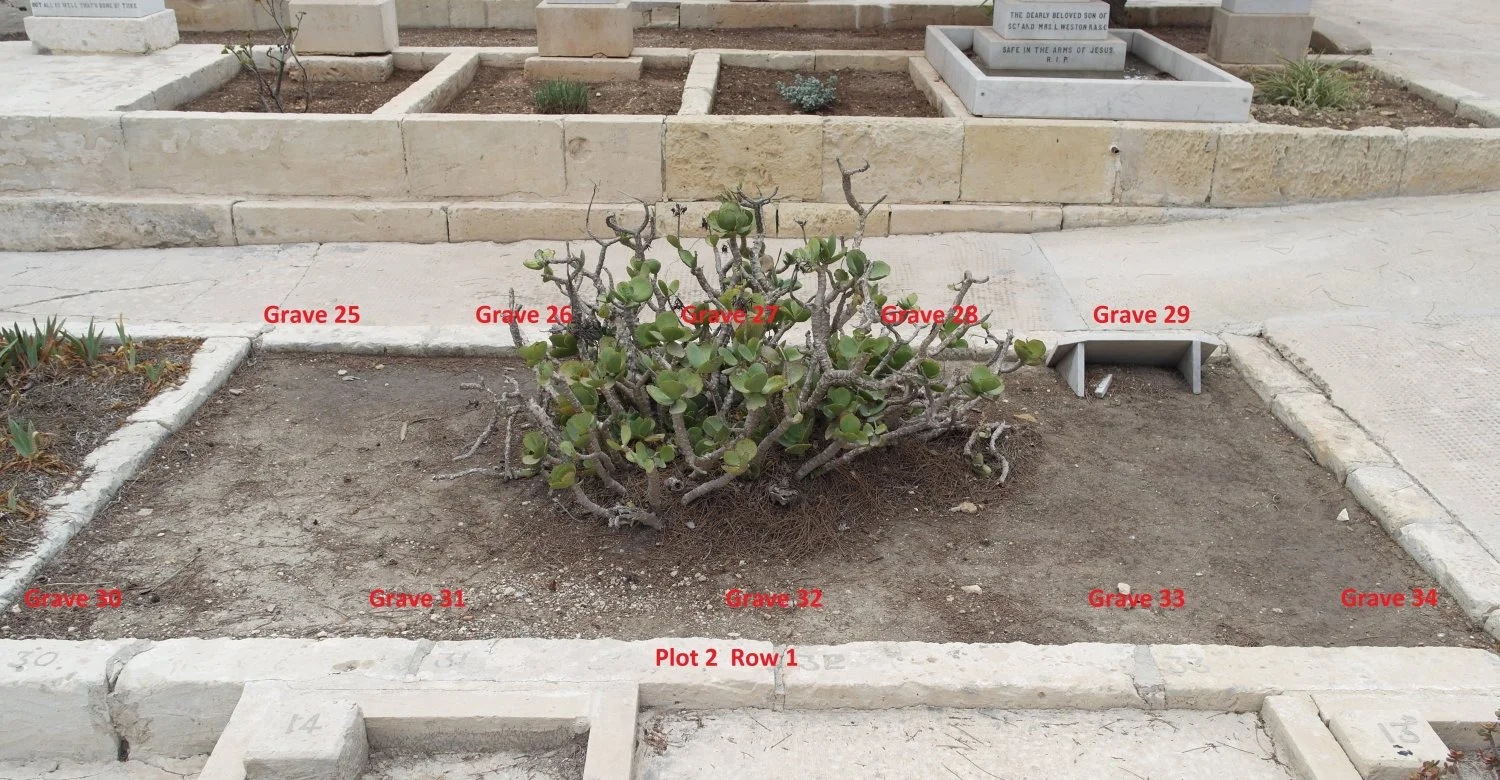Plot 2. Row.1. Back row graves. 25 to 29. Front row graves 30 to 34